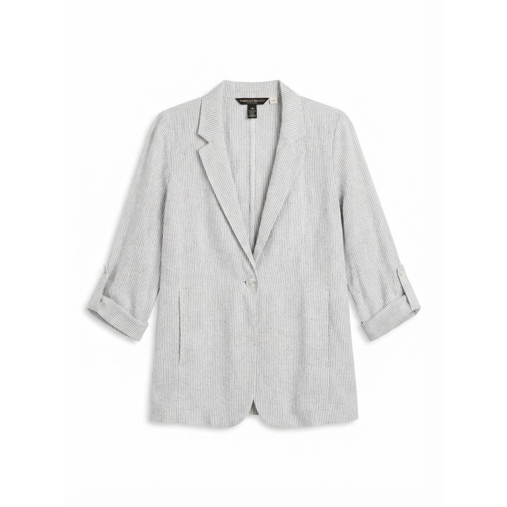 Linen Womens Blazer M Striped Boho Work Business White Black New